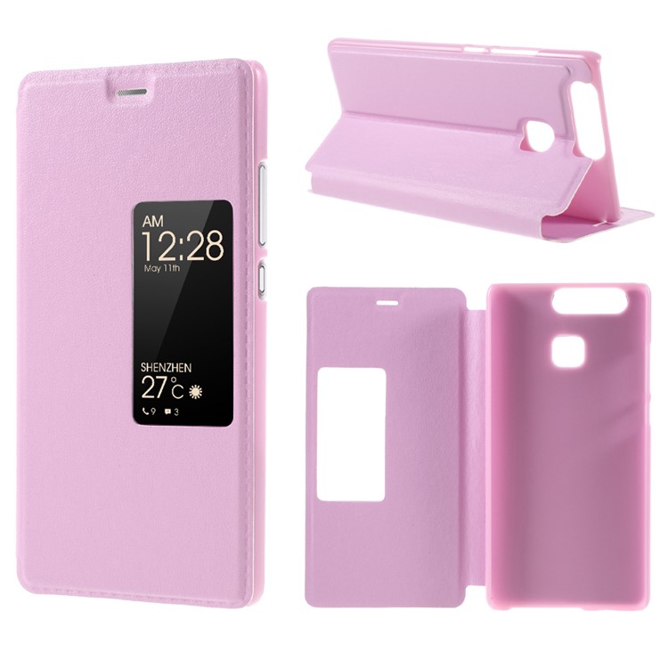 View Window Smart Leather Stand Phone Case for Huawei P9 - Pink-1