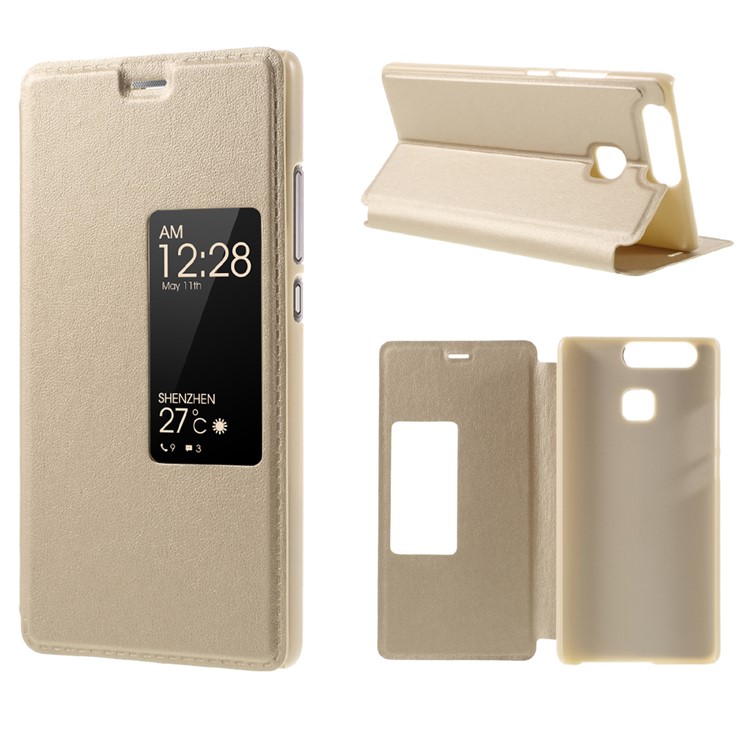 View Window Smart Leather Stand Phone Cover for Huawei P9 - Gold-1