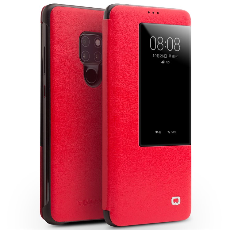 QIALINO for Huawei Mate 20 View Window Cowhide Leather Smart Case - Red-1