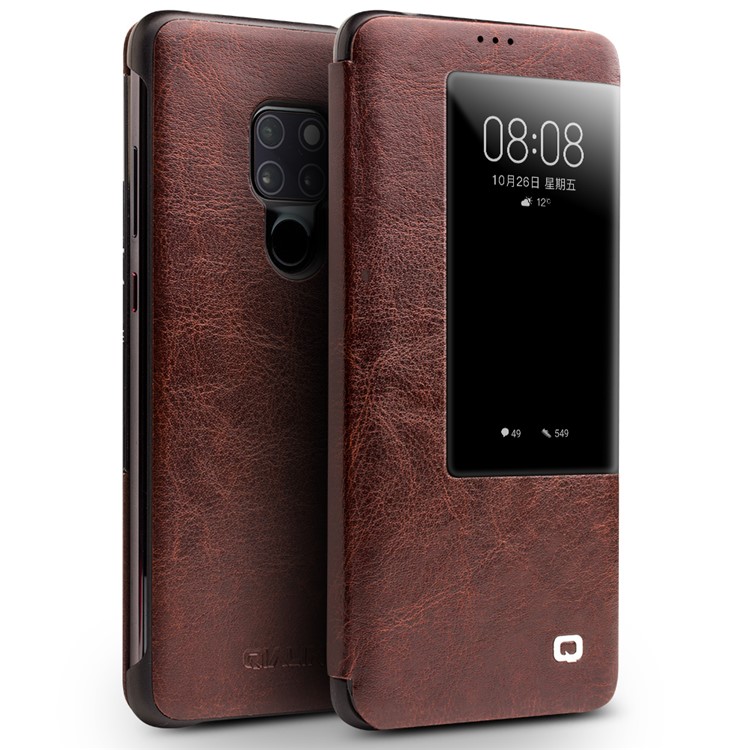 QIALINO Para Huawei Mate 20 Vista Janela Tampa Do Couro Do Couro Inteligente - Café-1