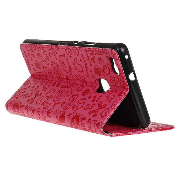 Cartoon Patterns Leather Wallet Card Holder Case for Huawei P9 Lite - Rose-5