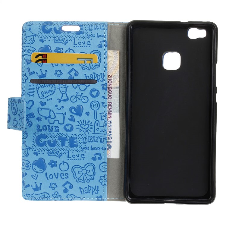 Cartoon Patterns Leather Stand Card Slot Case for Huawei P9 Lite - Blue-3
