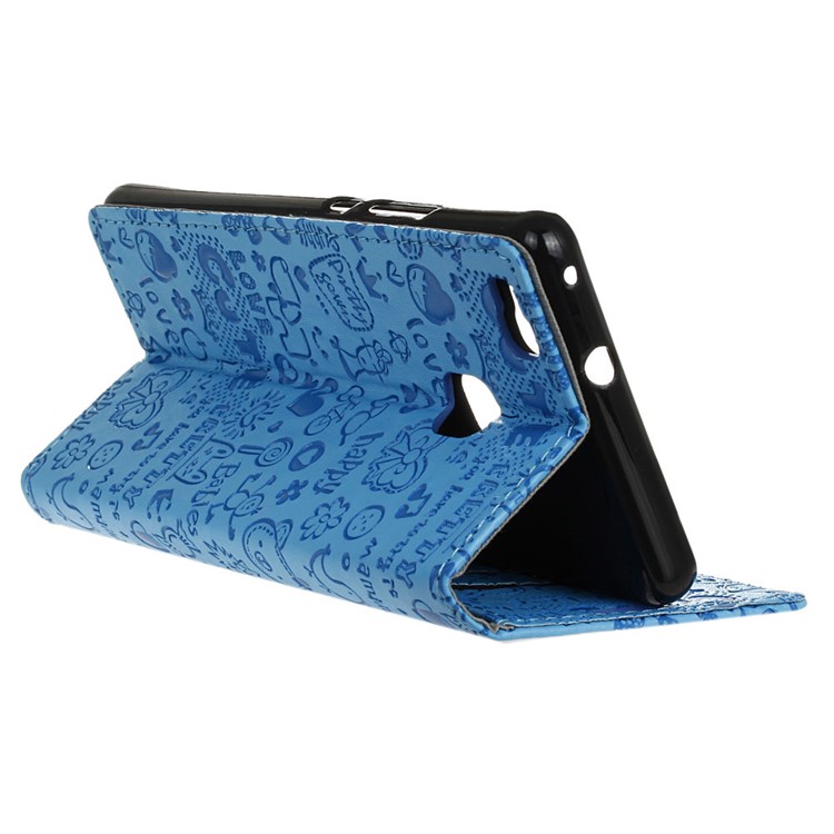 Cartoon Patterns Leather Stand Card Slot Case for Huawei P9 Lite - Blue-5