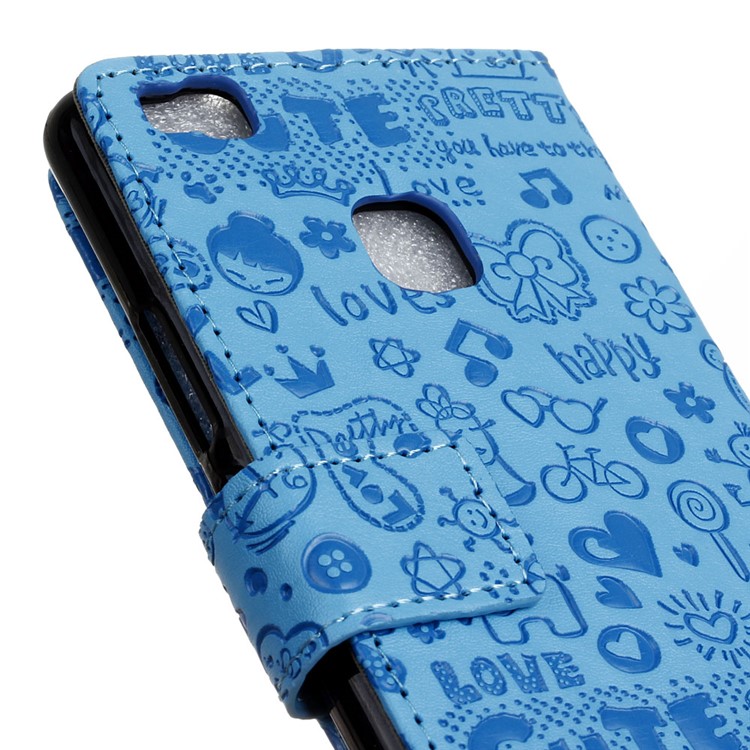 Cartoon Patterns Leather Stand Card Slot Case for Huawei P9 Lite - Blue-7