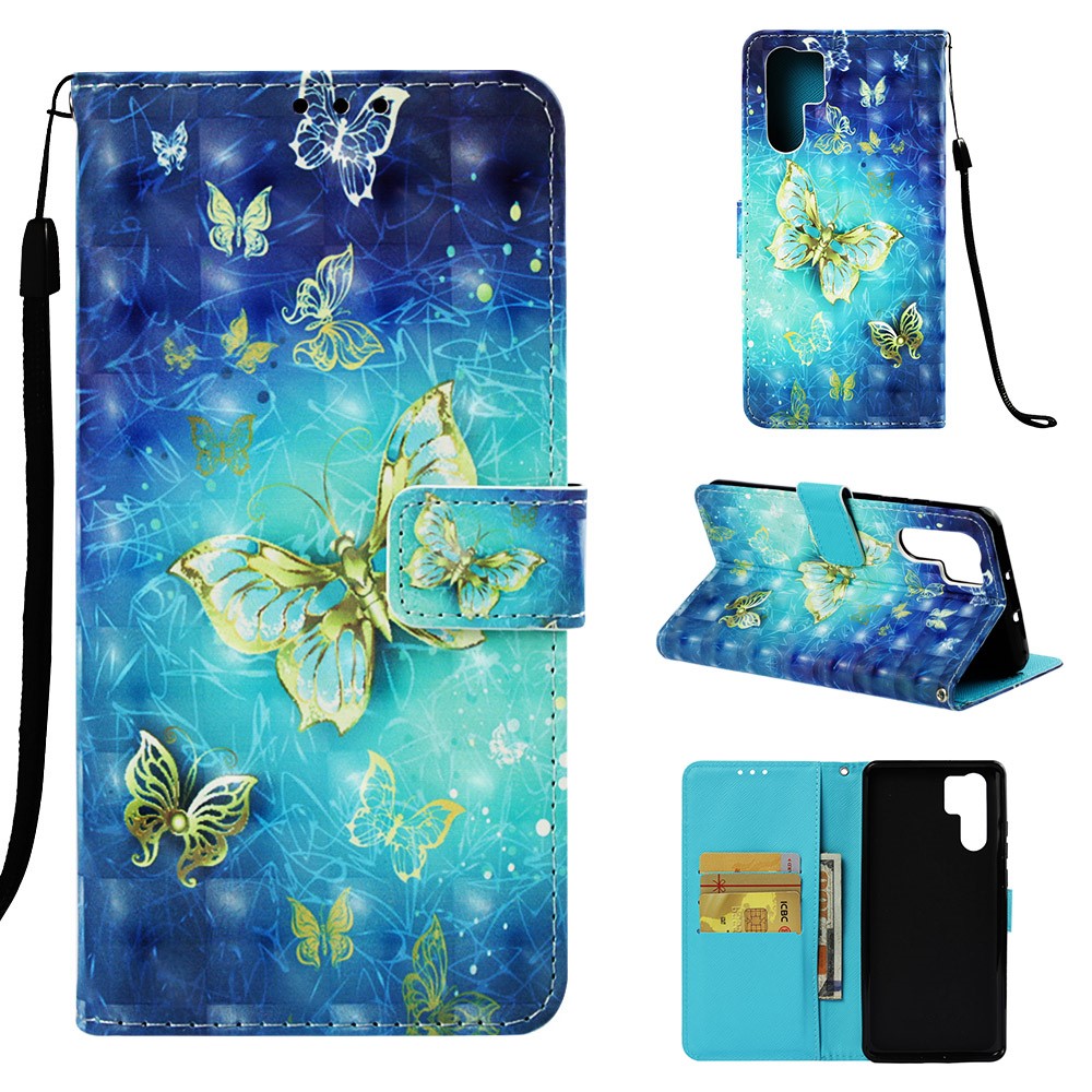 Pattern Printing Light Spot Decor Stand Leather Wallet Cover for Huawei P30 Pro - Gold and Blue Butterfly-1