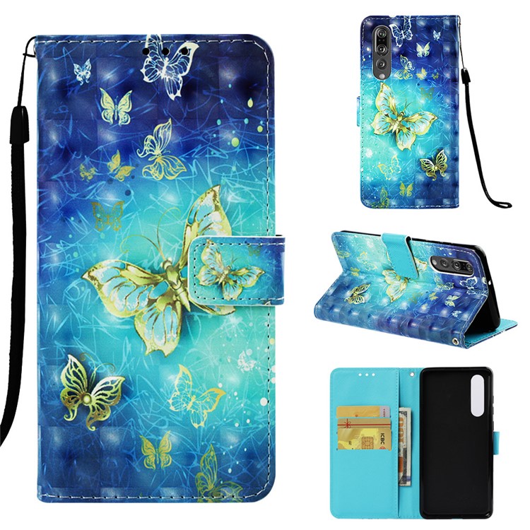 Pattern Printing Light Spot Decor Stand Leather Wallet Cover for Huawei P30 - Gold and Blue Butterfly-1