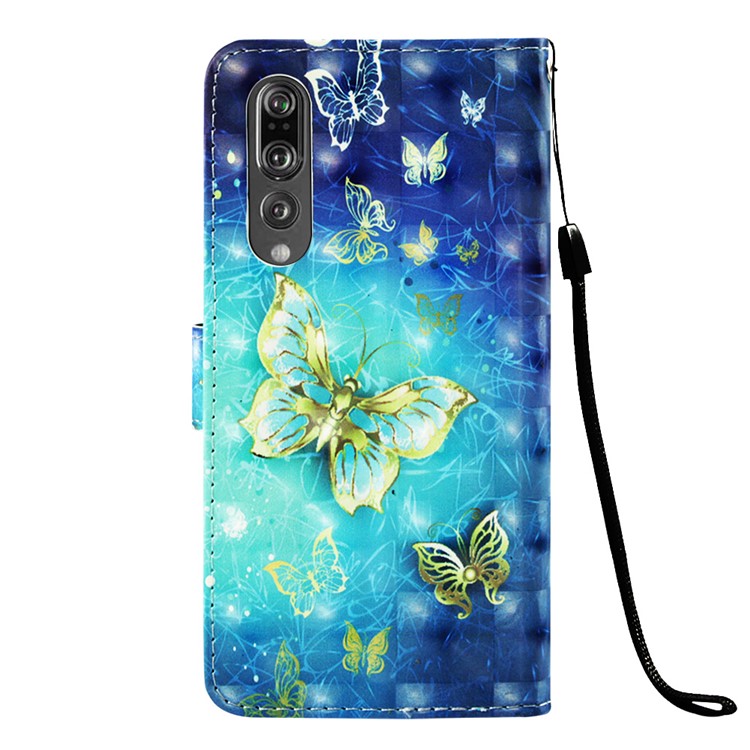 Pattern Printing Light Spot Decor Stand Leather Wallet Cover for Huawei P30 - Gold and Blue Butterfly-3