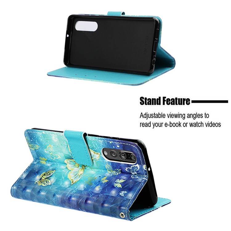 Pattern Printing Light Spot Decor Stand Leather Wallet Cover for Huawei P30 - Gold and Blue Butterfly-4