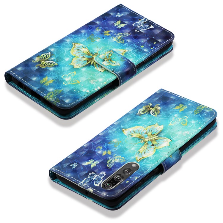Pattern Printing Light Spot Decor Stand Leather Wallet Cover for Huawei P30 - Gold and Blue Butterfly-6