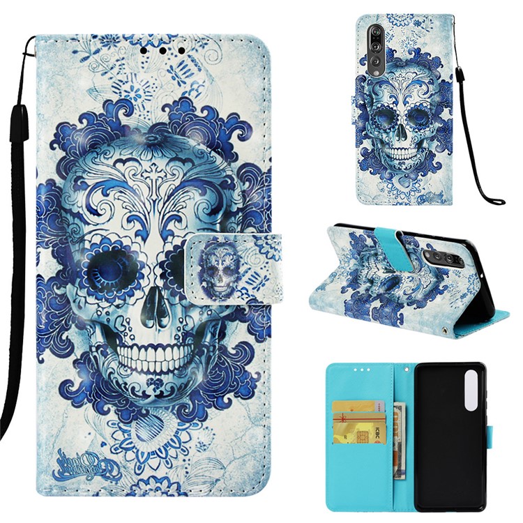 Pattern Printing Light Spot Decor Stand Leather Wallet Case for Huawei P30 - Flowered Skull-1