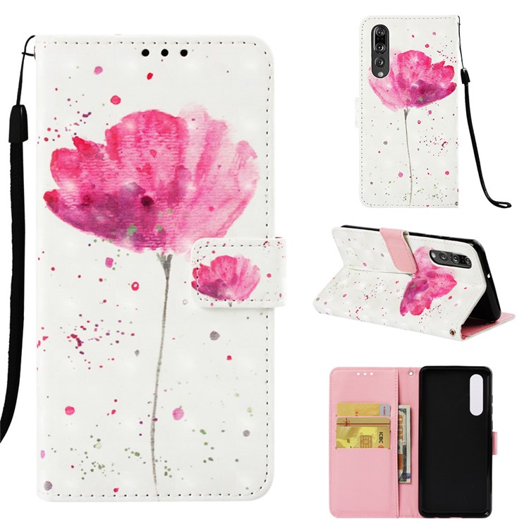 Pattern Printing Light Spot Decor Stand Leather Wallet Mobile Phone Cover for Huawei P30 - Red Flower-1