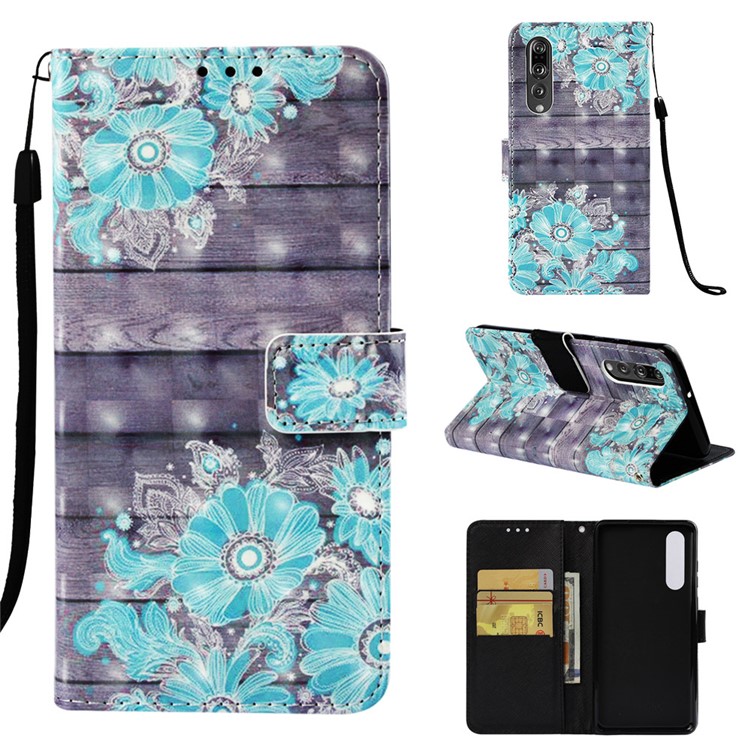 Pattern Printing Light Spot Decor Stand Leather Wallet Flip Cover for Huawei P30 - Blue Flower-1