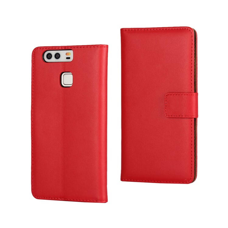 Genuine Split Leather Stand Case Cover for Huawei P9 - Red-1