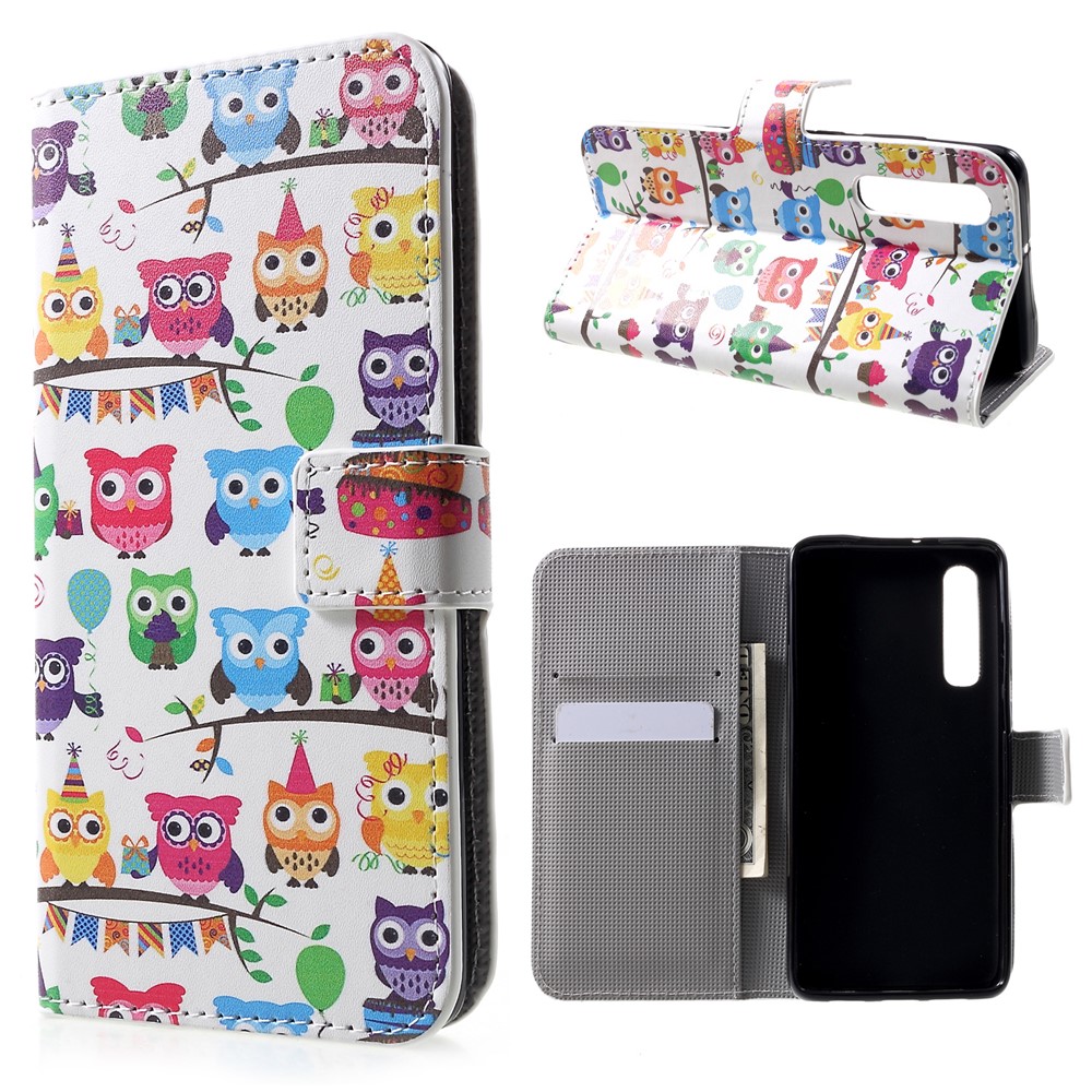 Patterned Card Holder Stand Leather Case for Huawei P30 - Multiple Cute Owls-1
