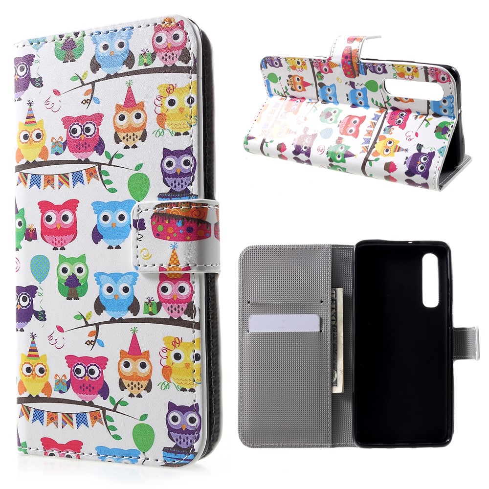 Case de Cuero de Soporte de Tarjetas Estampadas Para Huawei P30 - Múltiples Búhos Lindos