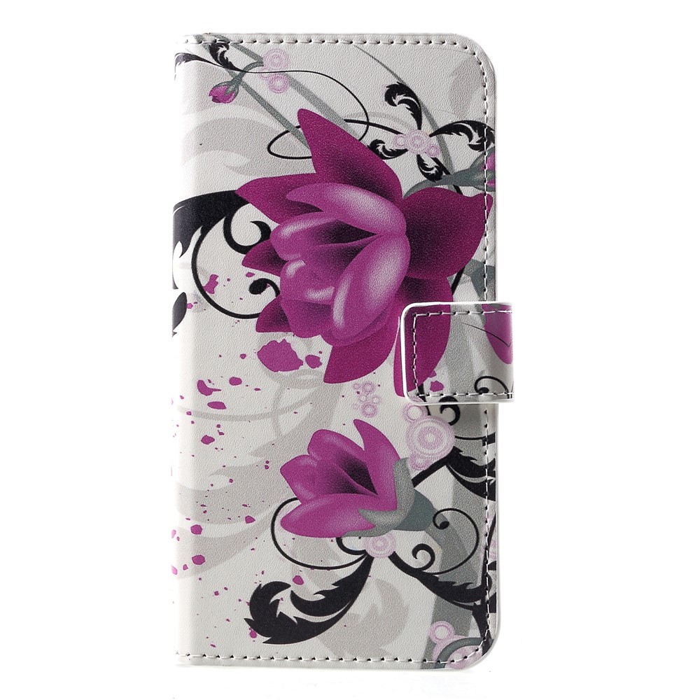 Patterned Card Holder Stand Leather Mobile Cover for Huawei P30 - Blossoming Purple Flowers-1