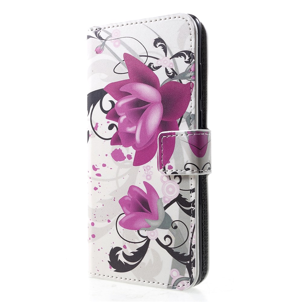 Patterned Card Holder Stand Leather Mobile Cover for Huawei P30 - Blossoming Purple Flowers-3
