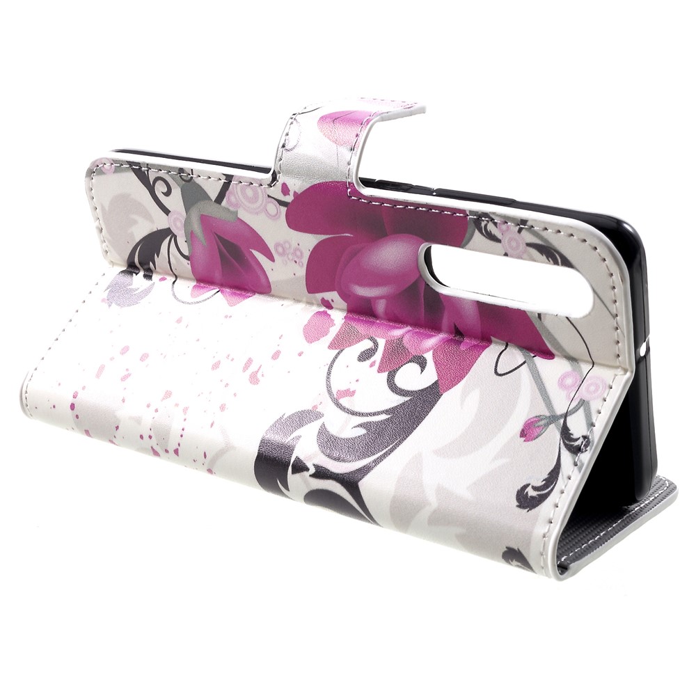 Patterned Card Holder Stand Leather Mobile Cover for Huawei P30 - Blossoming Purple Flowers-4