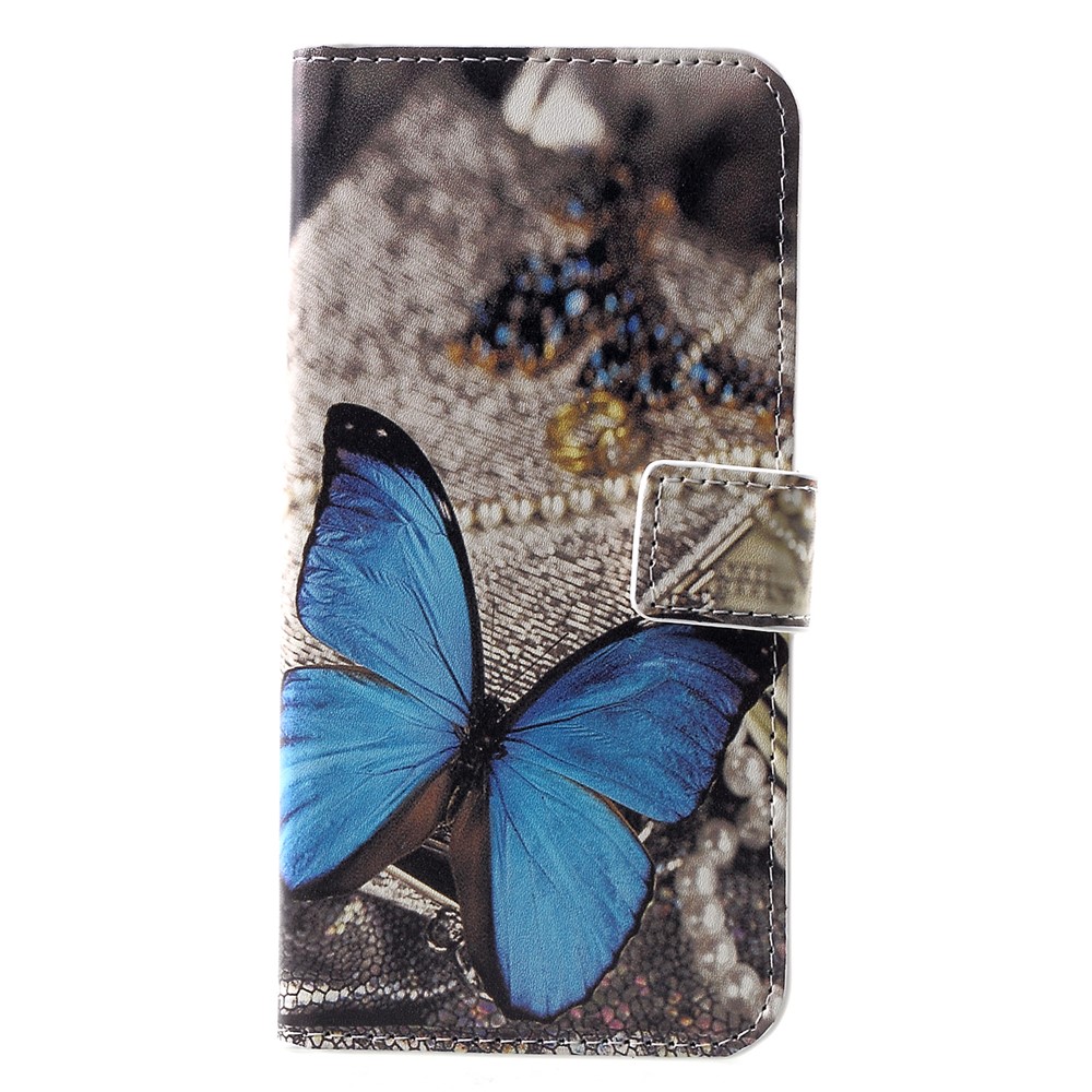 Patterned Card Holder Stand Leather Mobile Shell for Huawei P30 - Blue Butterfly-1