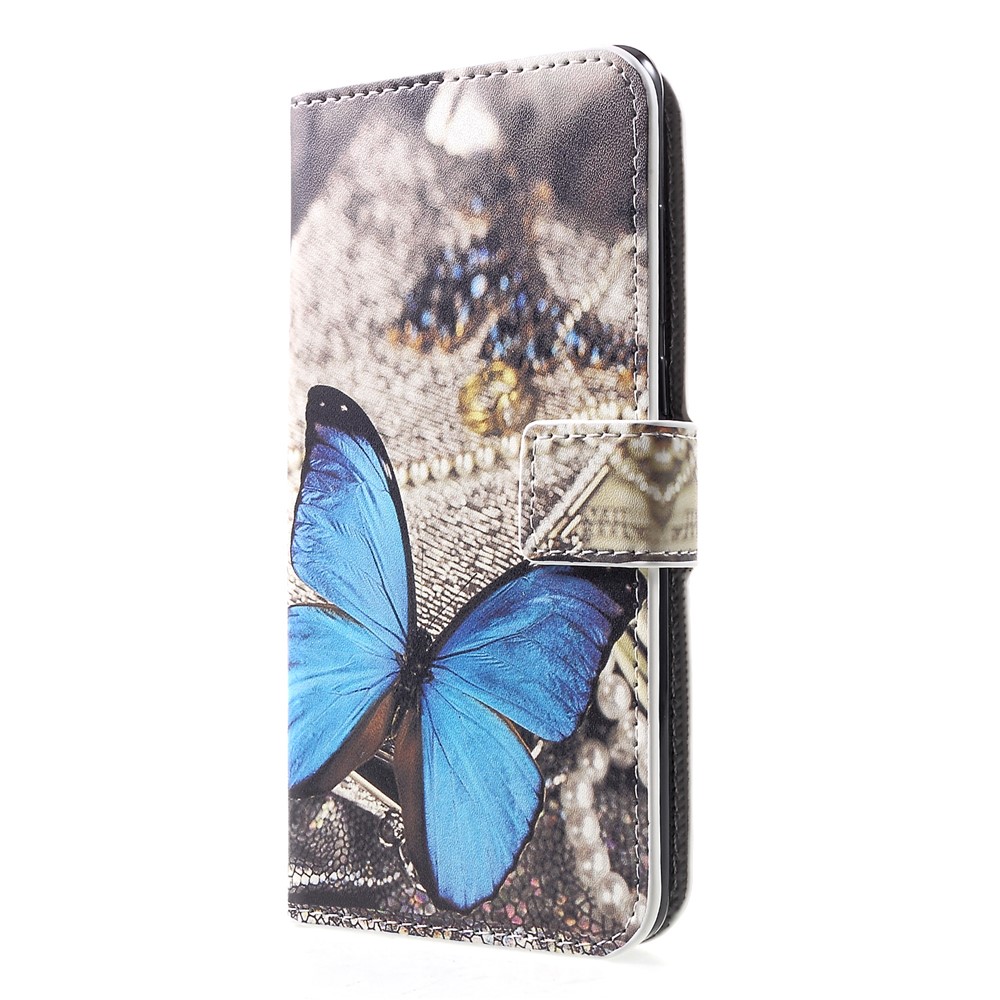 Soporte de Tarjetas Estampado Concha Móvil de Cuero Para Huawei P30 - Mariposa Azul