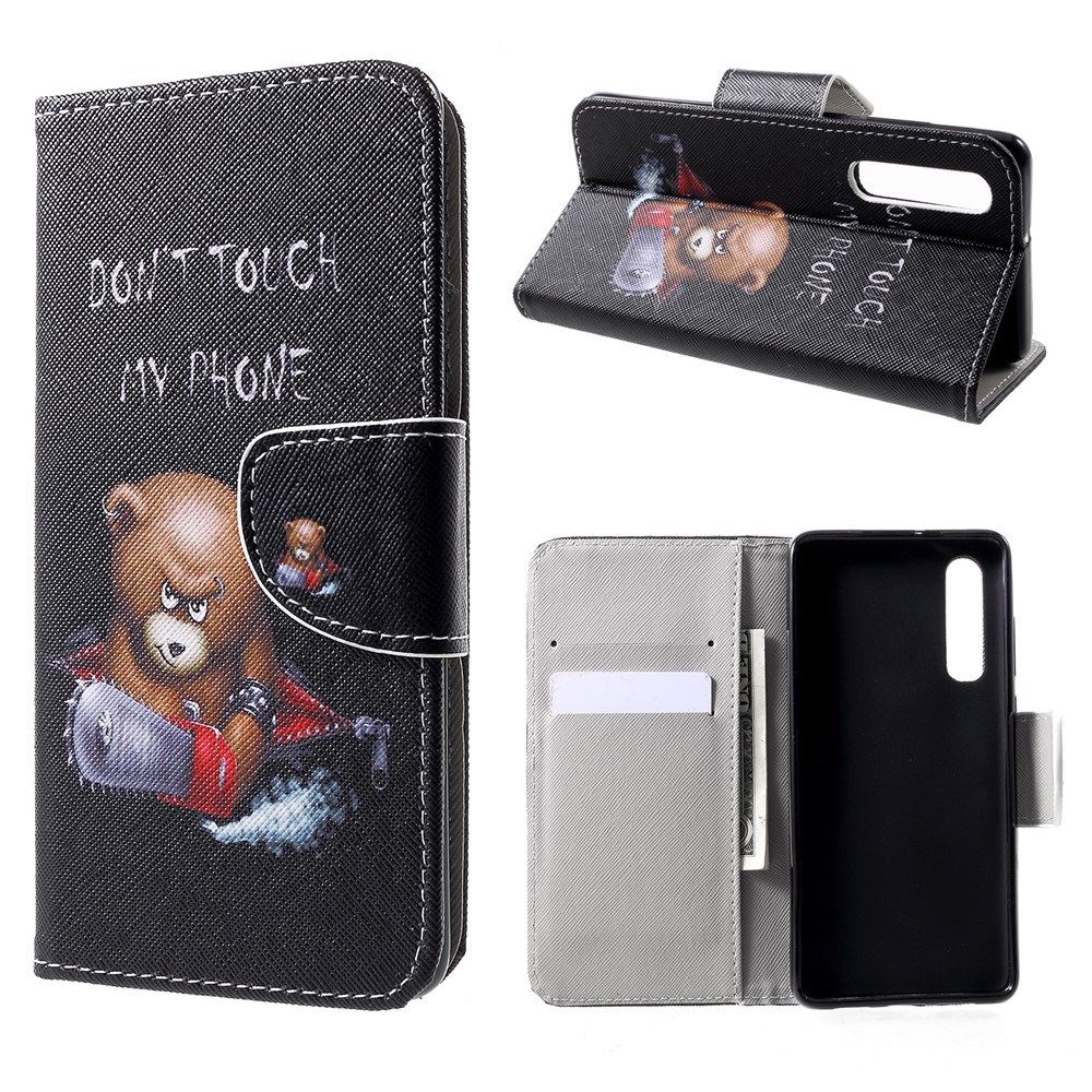 Cross Texture Pattern Printing Leather Wallet Case for Huawei P30 - Angry Bear and Warning-1