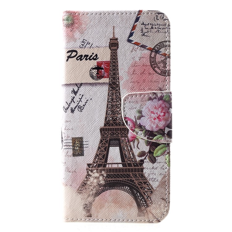 Cross Texture Pattern Printing Leather Wallet Mobile Casing for Huawei P30 - Eiffel Tower and Flower-1
