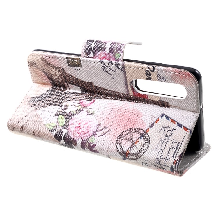 Cross Texture Pattern Printing Leather Wallet Mobile Casing for Huawei P30 - Eiffel Tower and Flower-4
