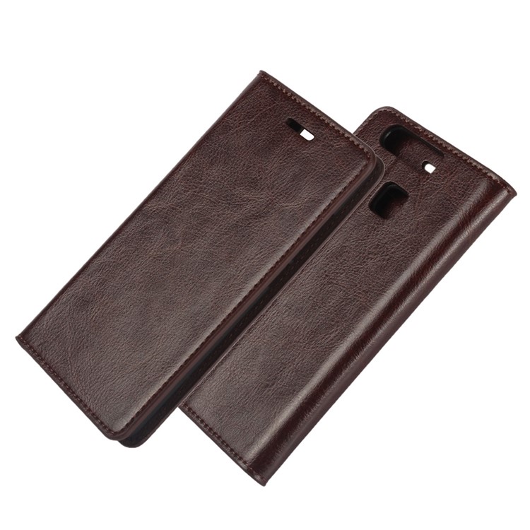 Crazy Horse Wallet Stand Genuine Leather Case Shell for Huawei P9 - Coffee-3