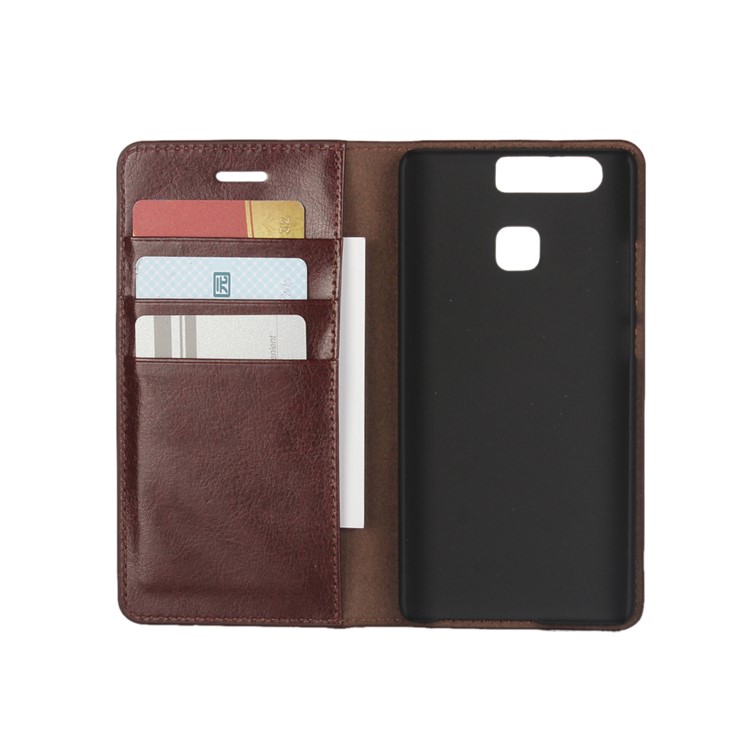Crazy Horse Wallet Stand Genuine Leather Case Shell for Huawei P9 - Coffee-4
