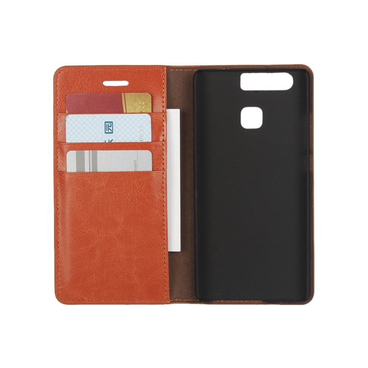 Crazy Horse Genuine Leather Wallet Cover for Huawei P9 with Stand - Brown-2