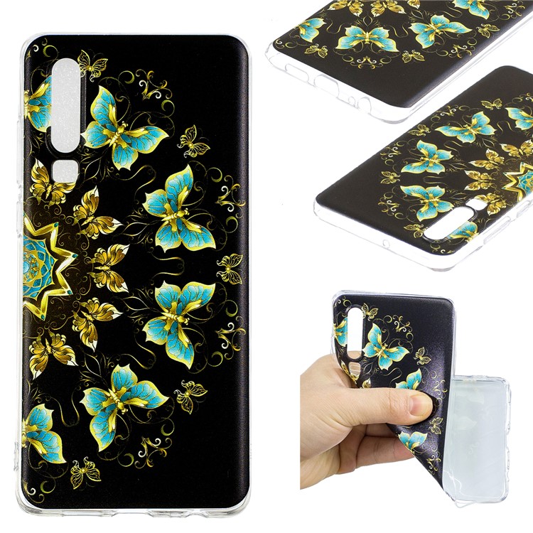 Pattern Printing Soft TPU Cover for Huawei P30 - Gold and Blue Butterflies-1