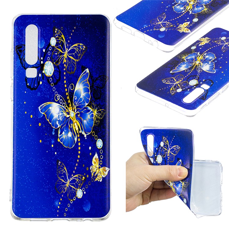 Pattern Printing Soft TPU Back Case for Huawei P30 - Blue Butterflies-1