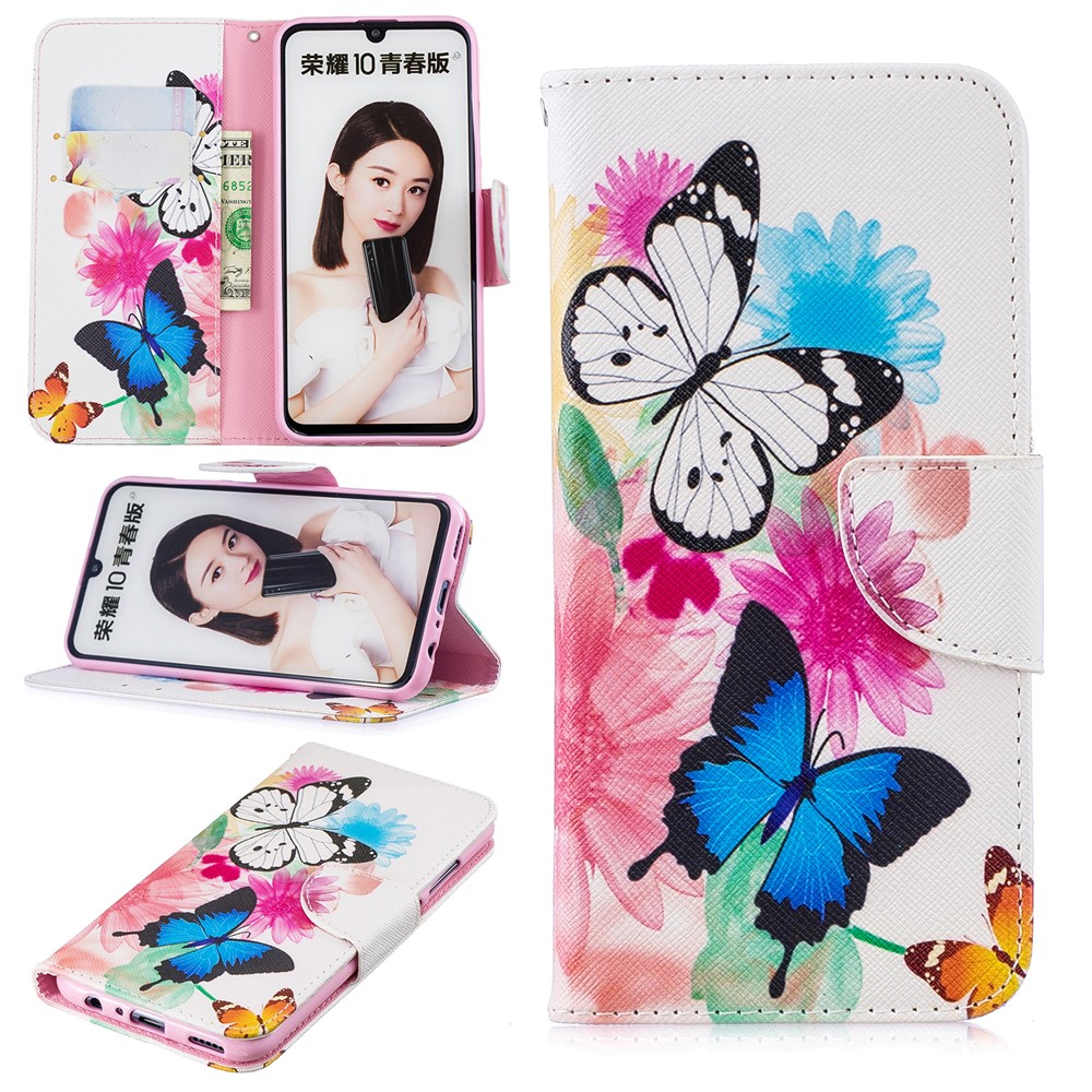 Pattern Printing PU Leather Flip Mobile Phone Case for Huawei P Smart (2019) / Honor 10 Lite - Butterflies and Flowers-1