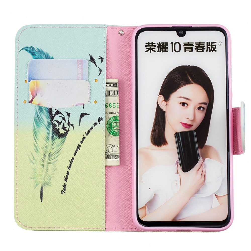 Печать Шаблонов PU Кожаный Флип Защитная Оболочка Для Huawei P Smart (2019) / Честь 10 Облегченных - Рисунок Перьев-8
