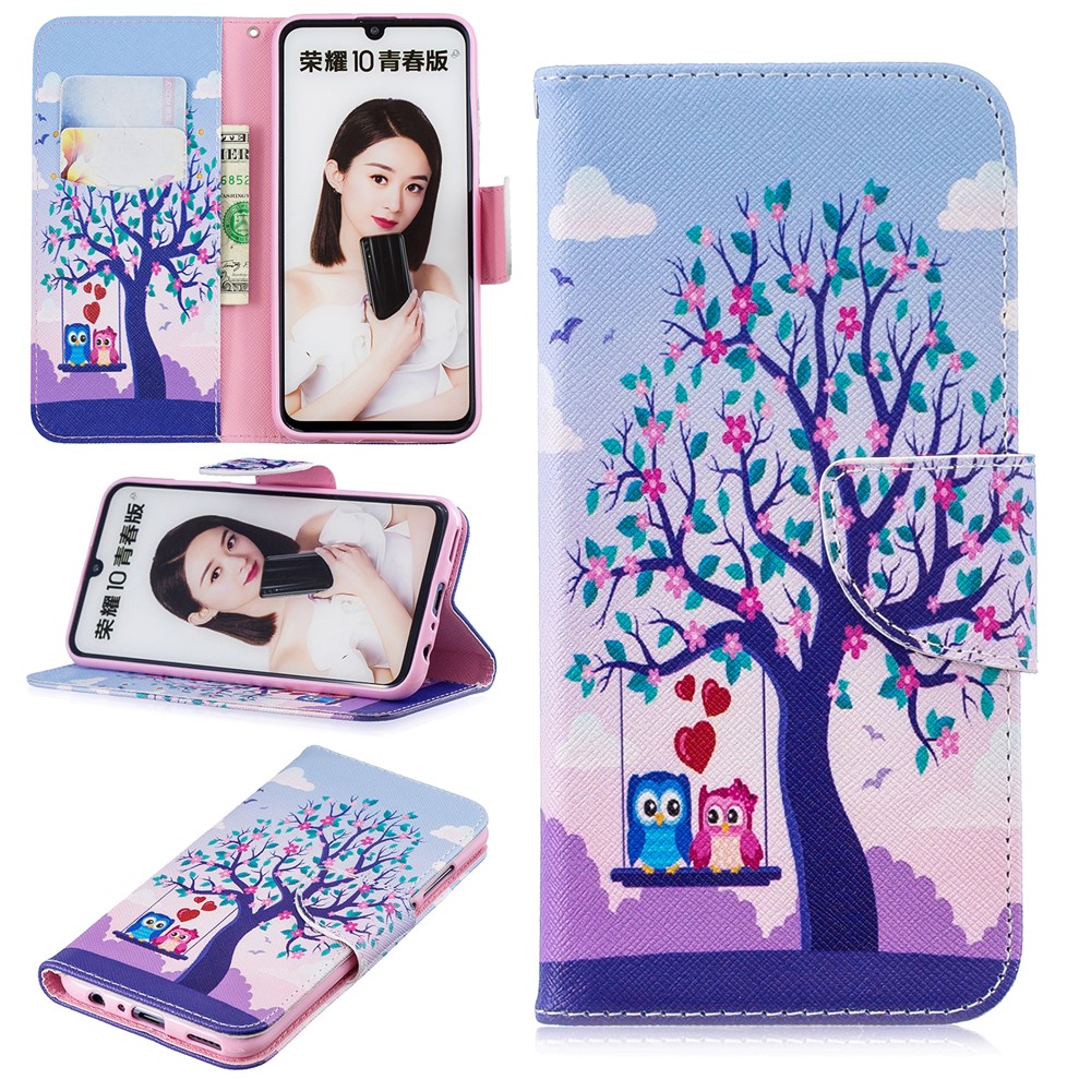 Pattern Printing Magnetic Leather Stand Case for Huawei Honor 10 Lite / P Smart (2019) - Tree and Owls-1