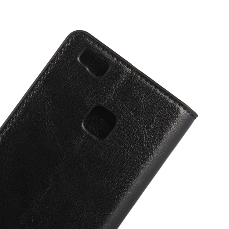 Cavalo Louco Cavalo Genuíno Carteira De Couro Flip Para Huawei P9 Lite, Suporte À Prova De Choque Proteger Tampa Do Telefone - Preto