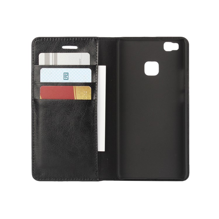 Crazy Horse Wallet Stand Genuine Leather Case for Huawei P9 Lite - Black-4