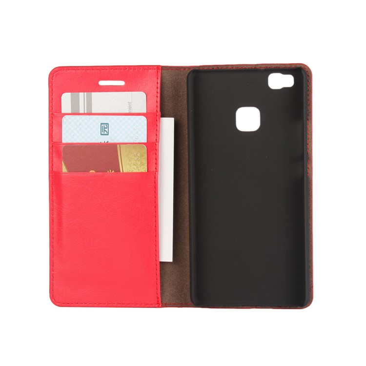 Crazy Horse Stand Genuine Leather Wallet Case for Huawei P9 Lite - Red-3