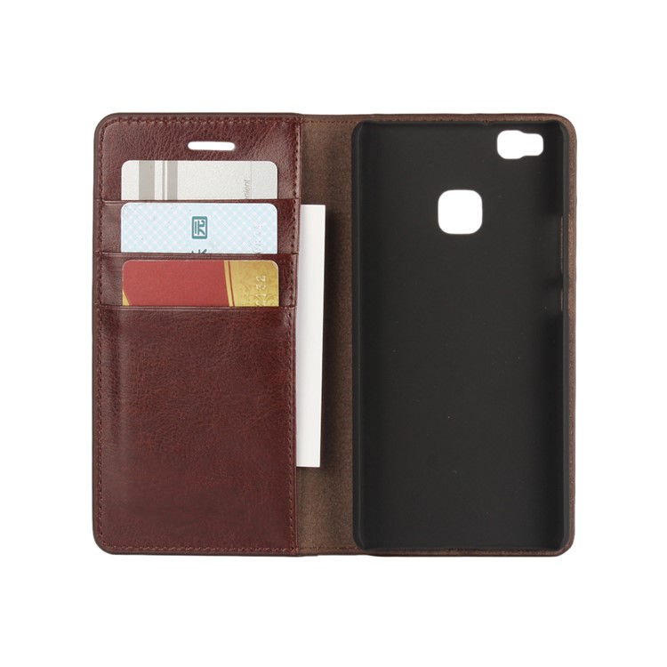Crazy Horse Echtes Leder Case Brieftasche Stand Für Huawei P9 Lite - Kaffee-3