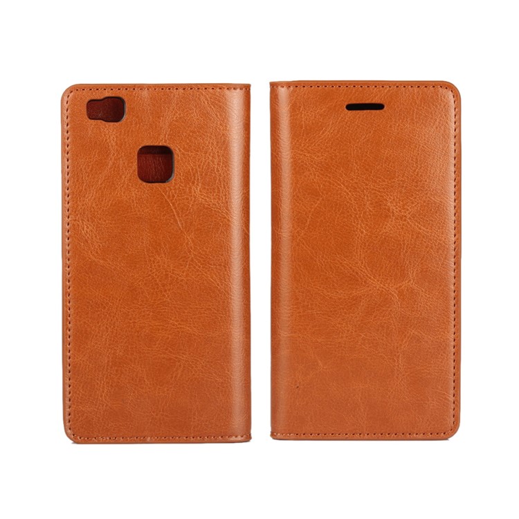 Crazy Horse Wallet Stand Genuine Leather Cover for Huawei P9 Lite - Brown-1