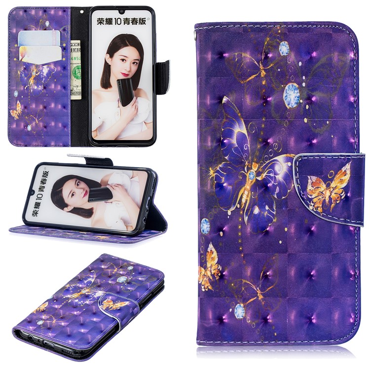 Pattern Printing Light Spot Decor Stand Wallet Leather Case for Huawei P Smart (2019) / Honor 10 Lite - Purple Butterfly-1