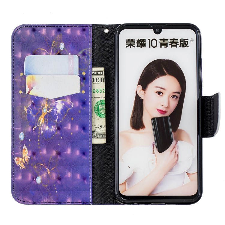 Pattern Printing Light Spot Decor Stand Wallet Leather Case for Huawei P Smart (2019) / Honor 10 Lite - Purple Butterfly-8