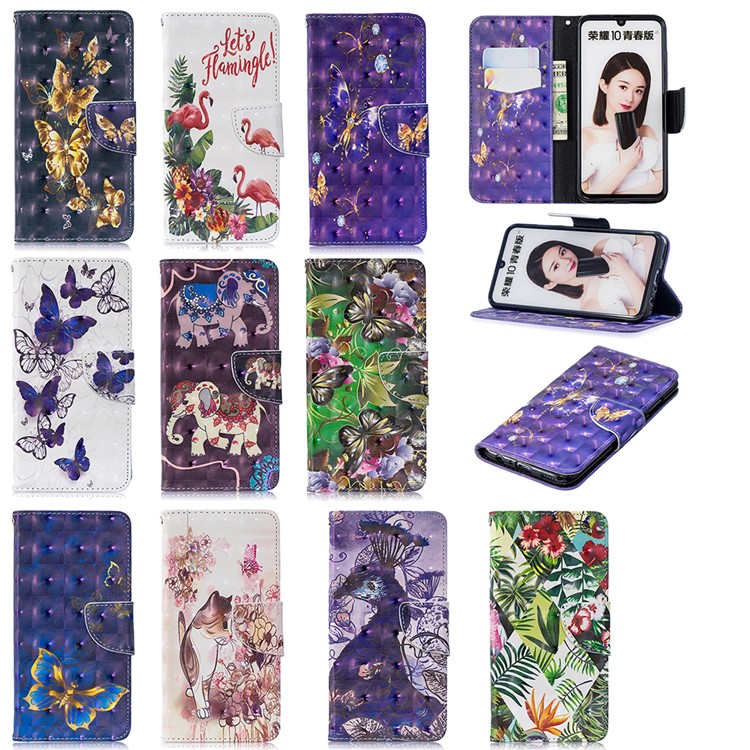 Pattern Printing Light Spot Decor Stand Wallet Leather Case for Huawei P Smart (2019) / Honor 10 Lite - Purple Butterfly-9