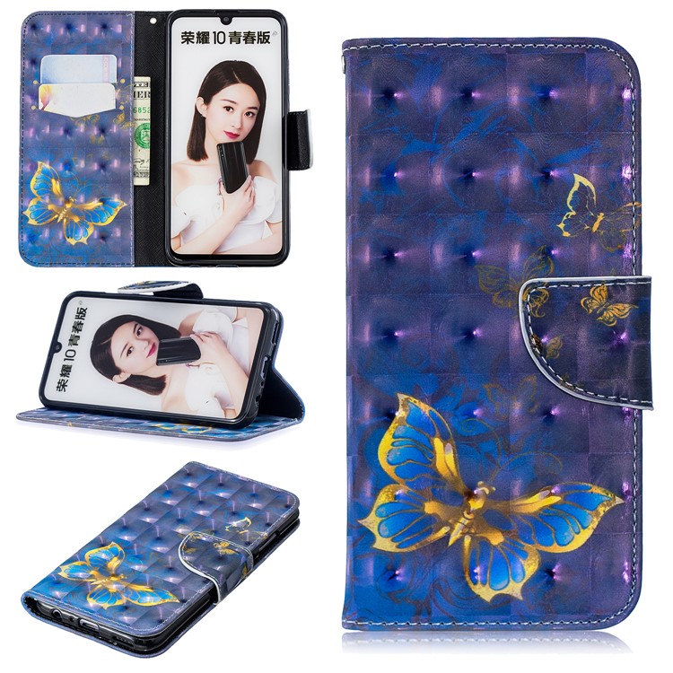 Pattern Printing Light Spot Decor Stand Wallet Leather Shell for Huawei P Smart (2019) / Honor 10 Lite - Blue Butterfly-1