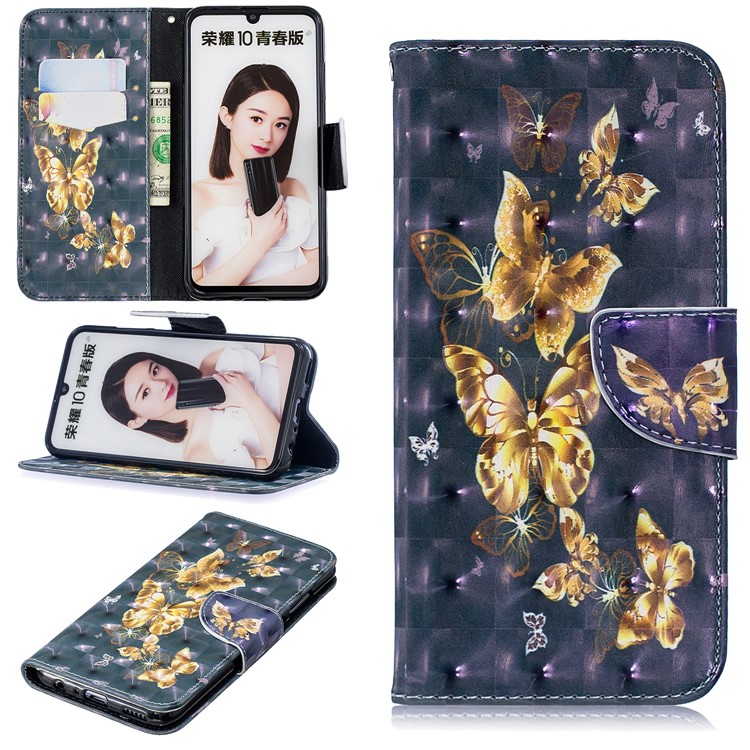 Pattern Printing Light Spot Decor Stand Wallet Leather Cell Phone Case for Huawei P Smart (2019) / Honor 10 Lite - Gold Butterfly-1
