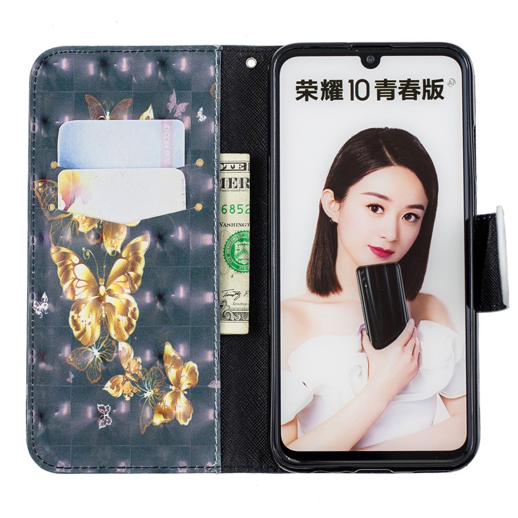 Pattern Printing Light Spot Decor Stand Wallet Leather Cell Phone Case for Huawei P Smart (2019) / Honor 10 Lite - Gold Butterfly-8