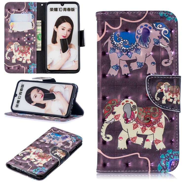 Pattern Printing Light Spot Decor Stand Wallet Leather Protective Case for Huawei P Smart (2019) / Honor 10 Lite - Elephant-1
