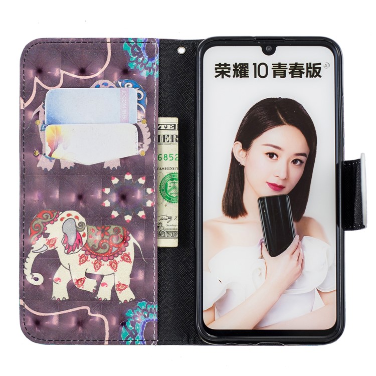 Pattern Printing Light Spot Decor Stand Wallet Leather Protective Case for Huawei P Smart (2019) / Honor 10 Lite - Elephant-8