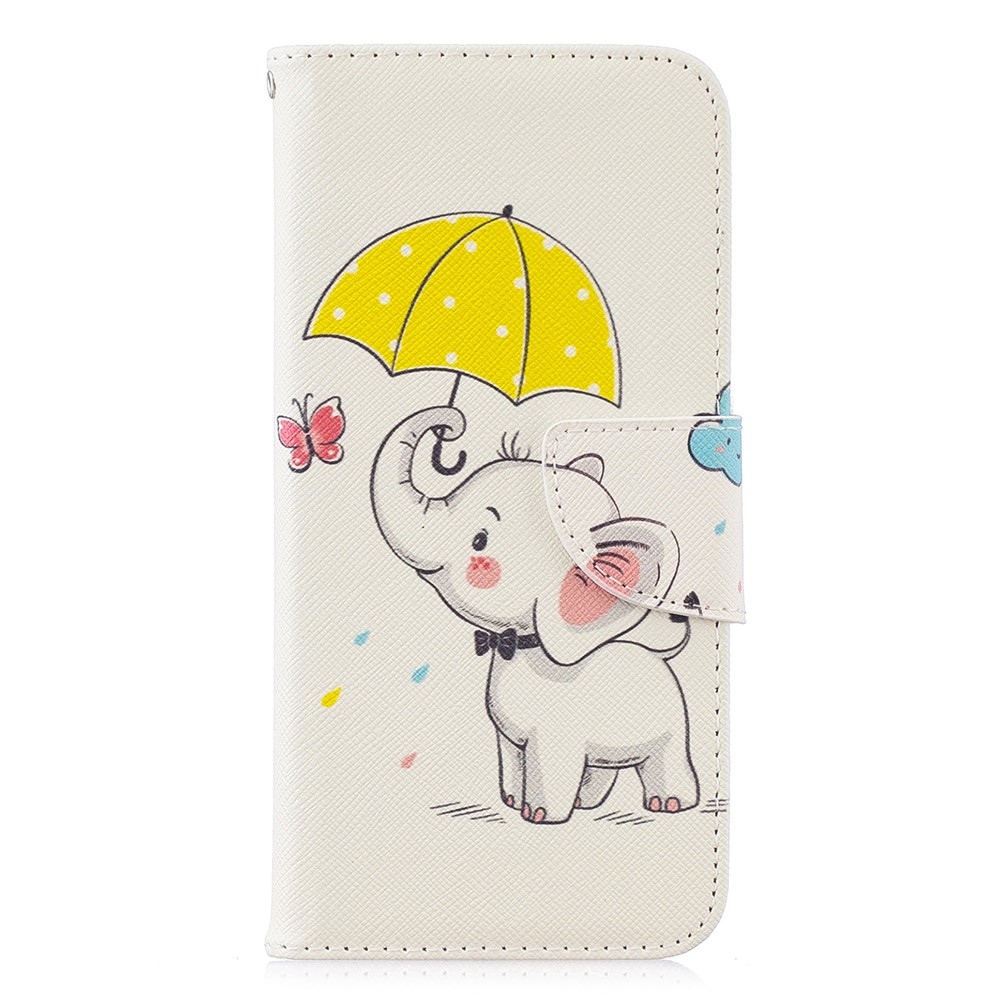 Musterdruck PU Leder Folio Flip Hülle Für Huawei P Smart (2019) / Ehre 10 Lite - Elefant Einen Regenschirm Hält