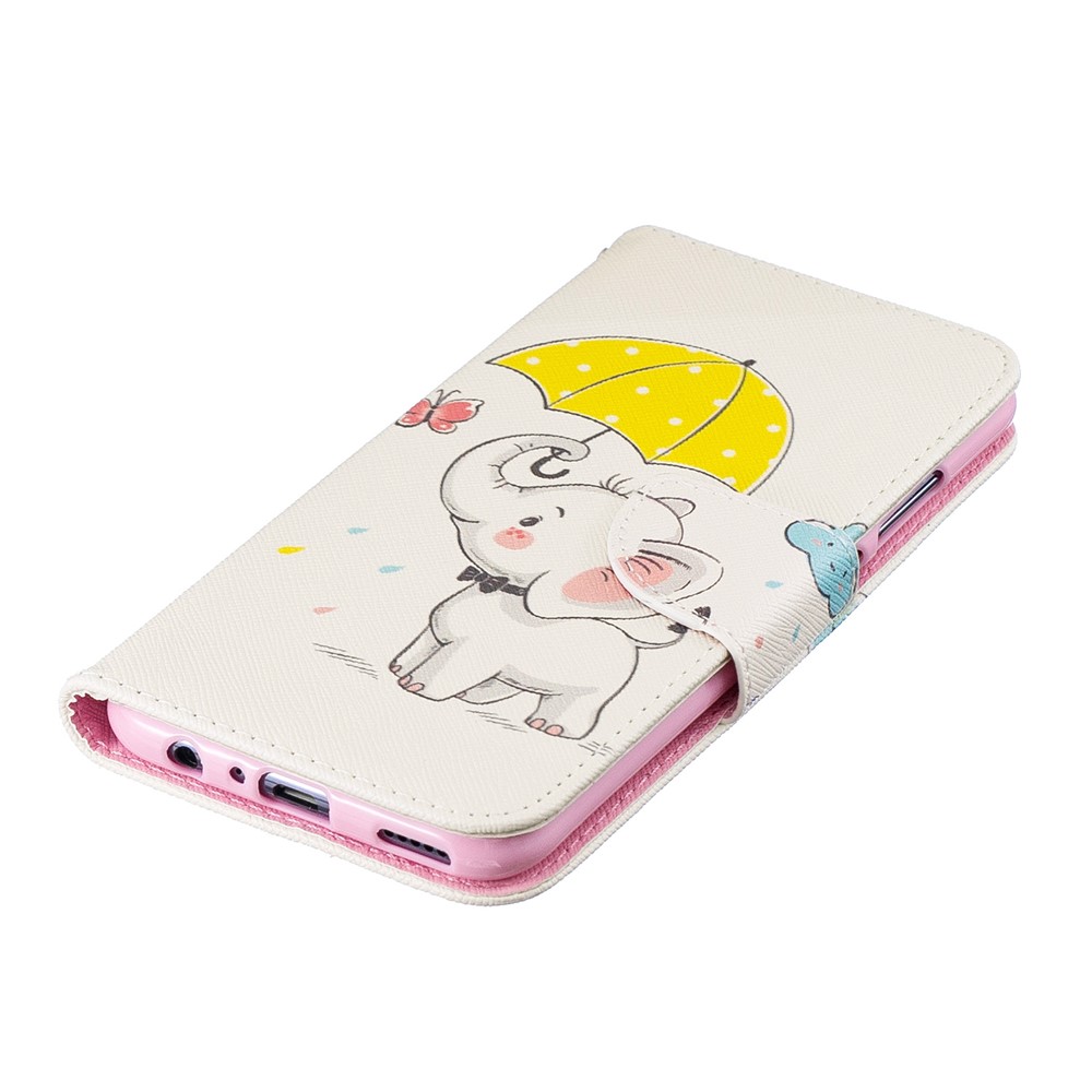 Impressão de Padrões de Couro pu Folio Flip Case For Huawei P Smart (2019) / Honra 10 Lite - Elefante Segurando um Guarda -chuva